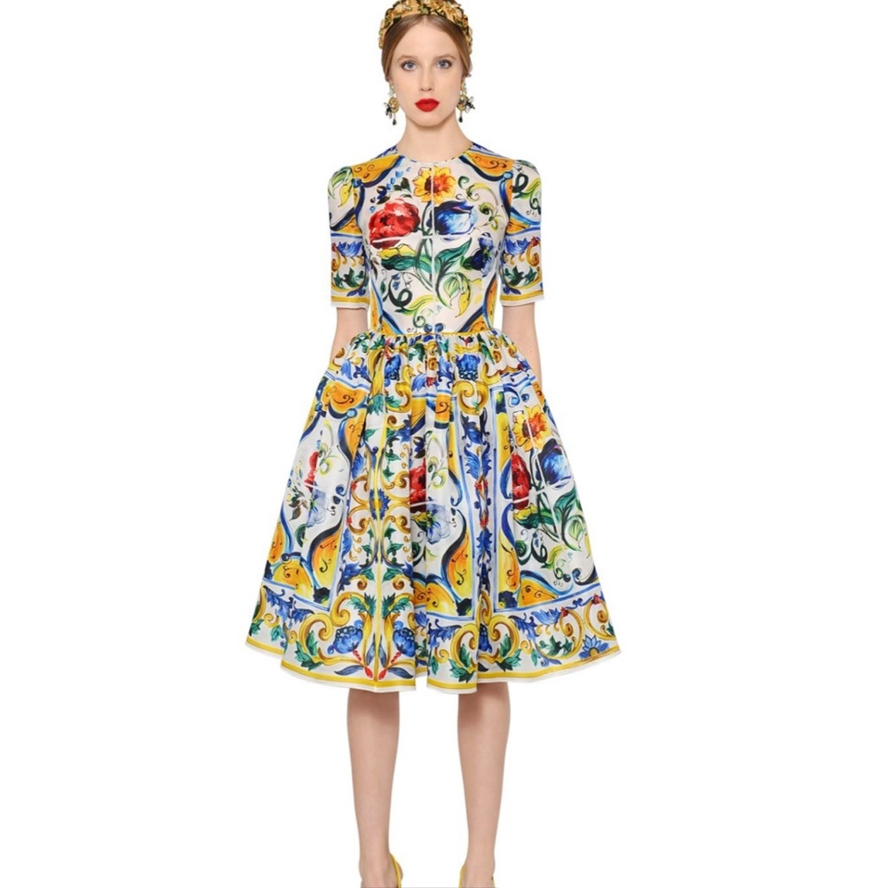 Dolce & Gabbana White Floral and Yellow Printed Midi Dress